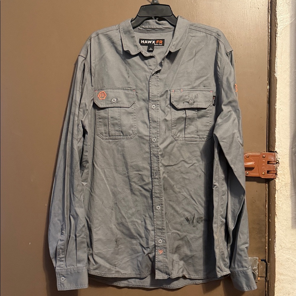 HAWX MEN'S FR SOLID LONG SLEEVE BUTTON-DOWN WOVEN WORK SHIRT Size L